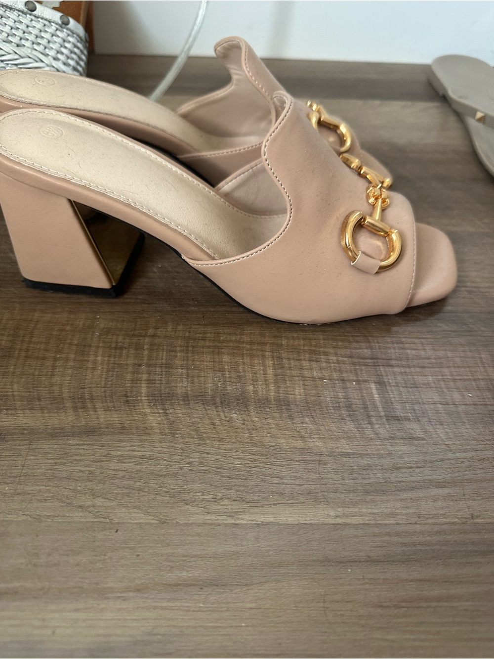 Nude Pink Block Heel Mules with Gold  Buckle Hardware
